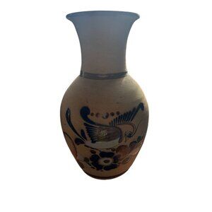 Sandstone Tonala Pottery Mexican Folk Art Floral Vase w/ Bird and Floral signed